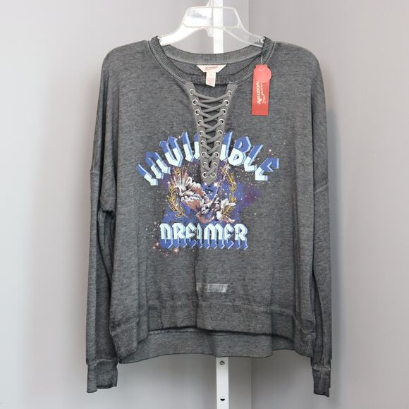 NWT Arizona Jean Co. Lace-Up Graphic Sweatshirt L “Invincible Dreamer” Pullover - Picture 1 of 6